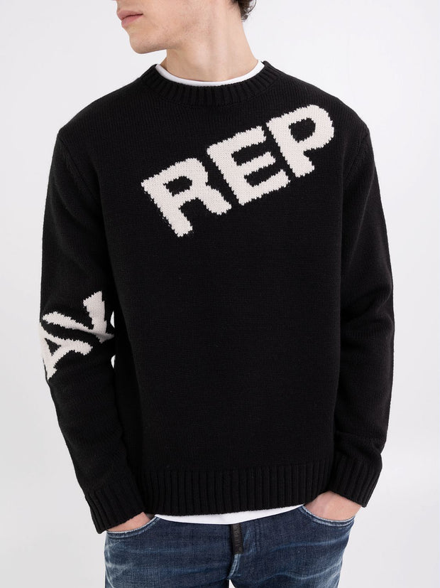 Replay Sweater In Wool Blend With Jacquard Logo